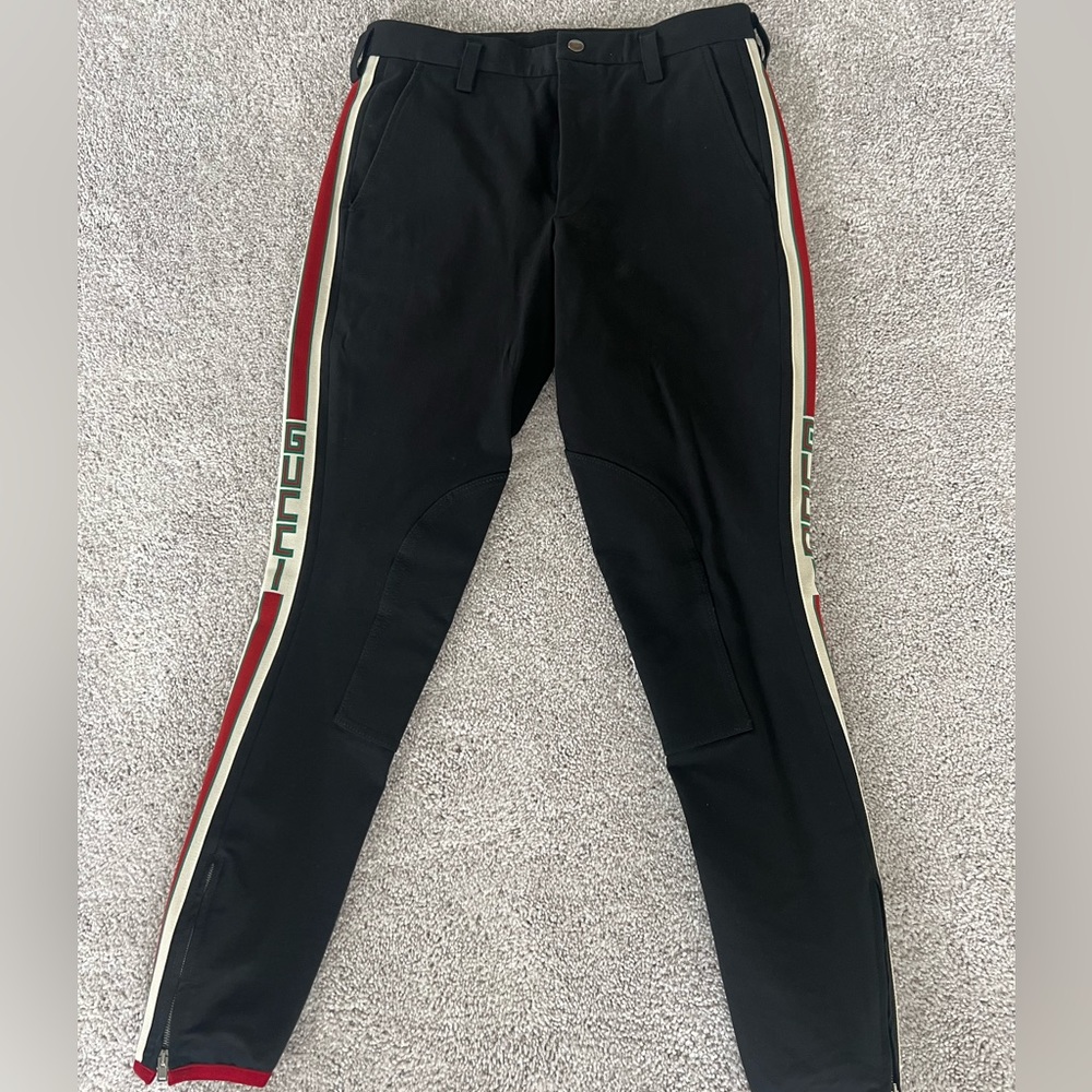 GUCCI Black Riding Trousers Tapered Leg, Black/Red/Green and crème